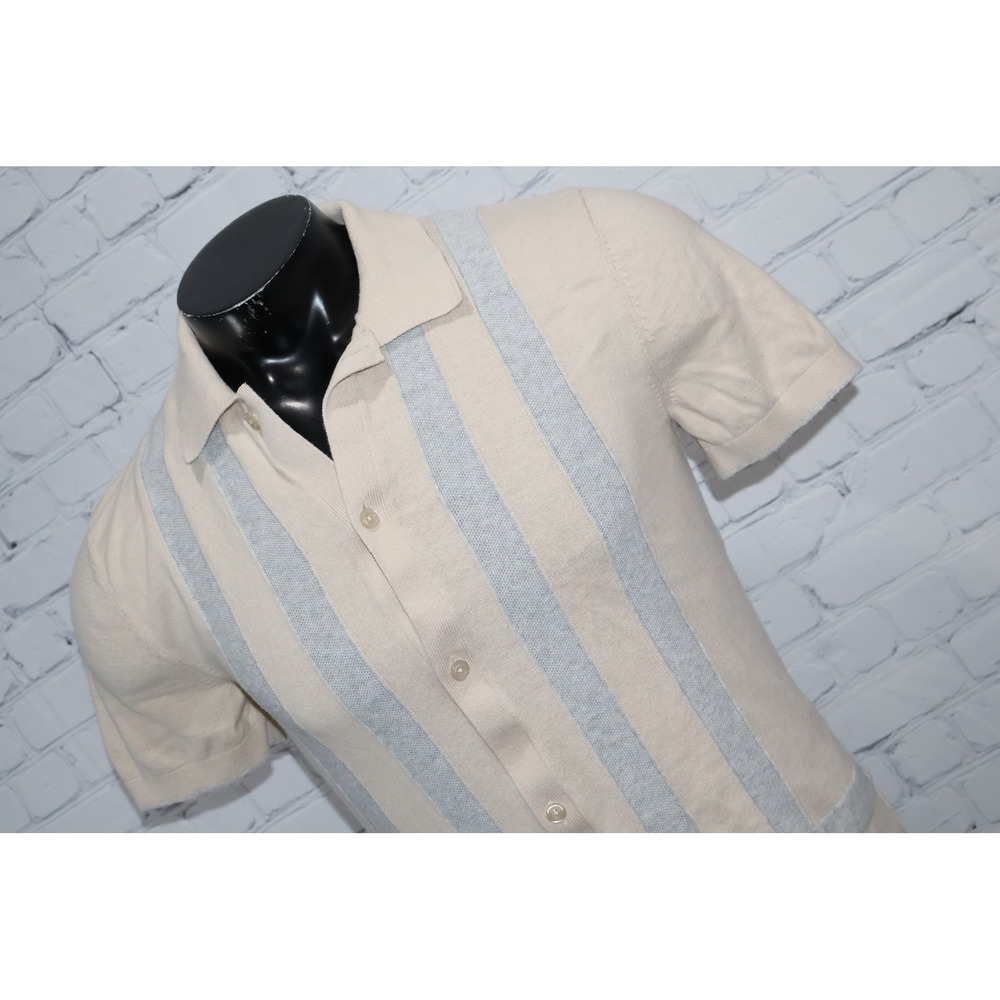 Express Knit Polo Shirt Men Medium Tan Beige Blue Vertical Stripe Short Sleeve